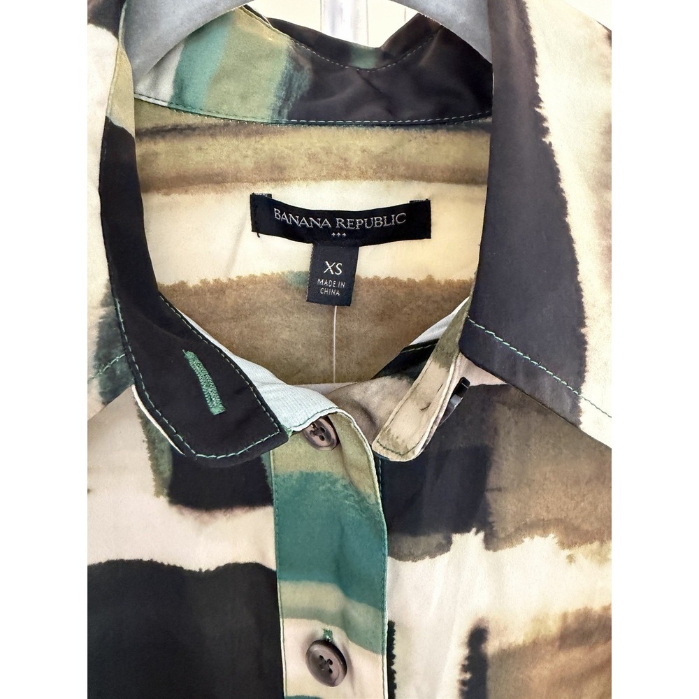 Banana Republic Shirt Dress Women XS Green NWT Belted Long Sleeve Abstract Print